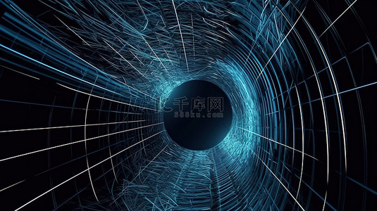 蓝色背景下抽象动态线框隧道中深波浪虫洞的 3D 渲染
