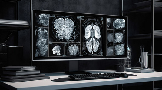 核磁共振设备扁平背景图片_MRI 实验室中的计算机显示器显示大脑的 3d 渲染 x 射线