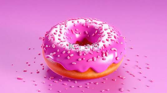 孤立的粉红色甜甜圈特写在 3D 呈现的甜食上，漂浮在粉红色的背景上