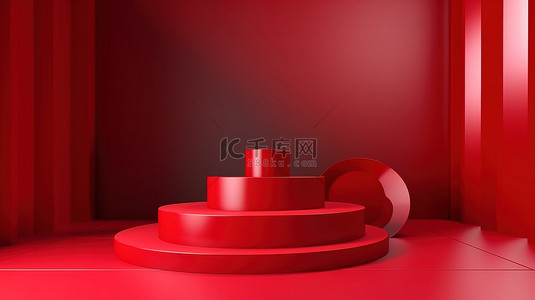 红色房间背景图片_用于在 3d 渲染中展示产品的红色房间讲台模型