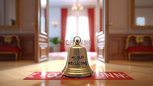 商务黑金背景背景图片_3D 渲染的法国问候标志，带有酒店铃声