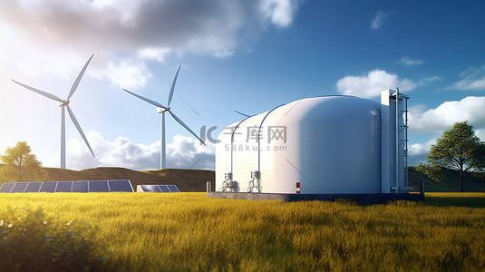 太阳能电池板和风力涡轮机供电的储氢储气罐的 3D 渲染