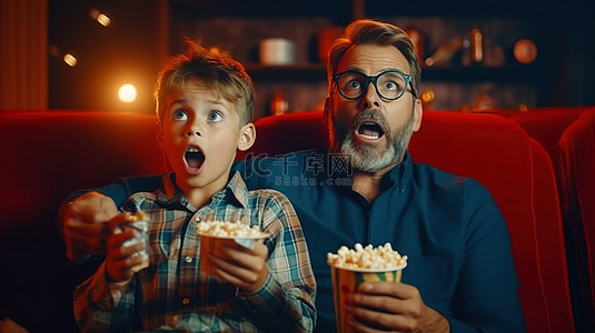 父子俩用爆米花和遥控器欣赏 3D 电影的欢乐时刻