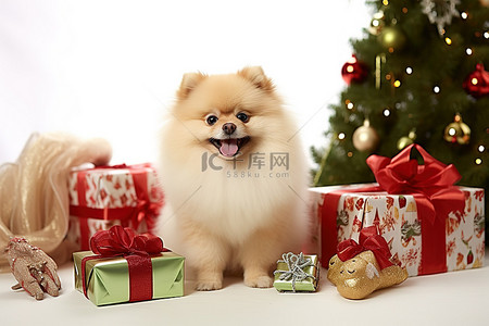 一只博美犬坐在一些圣诞礼物前