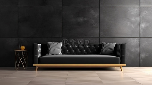 时尚墙上背景图片_简约的生活 3D 渲染，时尚的黑色沙发靠在混凝土墙上，配有木质镶木地板背景