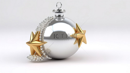 金色银色星星背景图片_节日金色和银色装饰，配有星星和球，在白色背景 3D 渲染上祝圣诞快乐和新年快乐