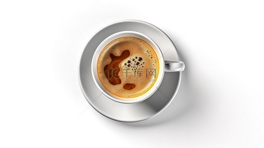 3D 渲染的纯白色背景下咖啡杯的鸟瞰图