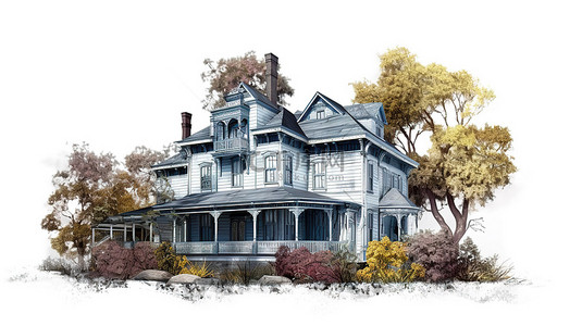 维多利亚风格的房子 3D 渲染从多个角度展示独特的物种