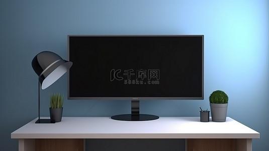 办公室 3D 渲染展示了一张木桌，上面放着一个前置蓝色电脑显示器