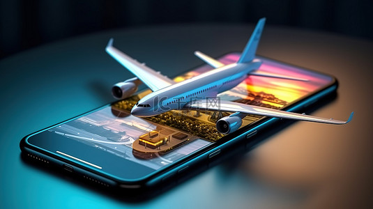 用于在智能手机上购买机票或检查航班的航空公司预订应用程序的 3D 插图