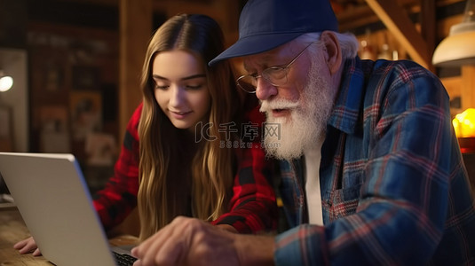 报道流程背景图片_经验丰富的木匠和孙女使用笔记本电脑合作进行 3D 建模