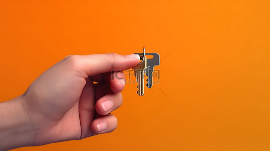 手持钥匙和钥匙链的手的 3D 插图，非常适合购房或租赁模板