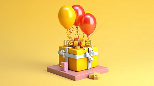蛋糕气球礼物背景图片_黄色礼品盒的 3D 插图，带有气球，用于圣诞节生日和庆祝活动