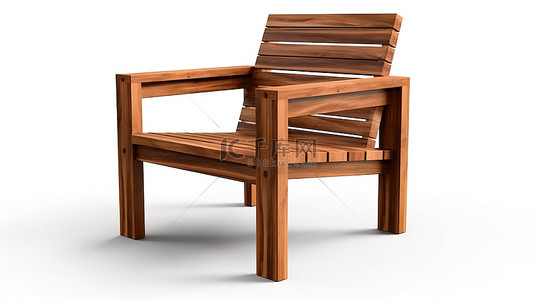 白色背景上的户外木椅隔离花园家具，具有剪切路径和 3D 渲染