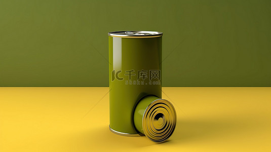 绿色背景 3D 渲染橄榄油罐，带有空白区域，用于定制设计