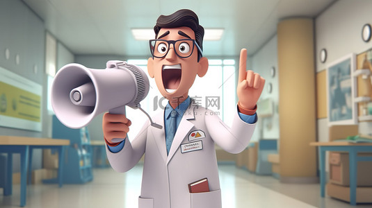 医生医院卡通背景图片_医疗内部医院中卡通男医生通过扩音器讲话的 3D 渲染
