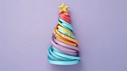 简约庆祝背景图片_蓝色背景中彩虹丝带物体和树的简约圣诞装饰的 3D 渲染