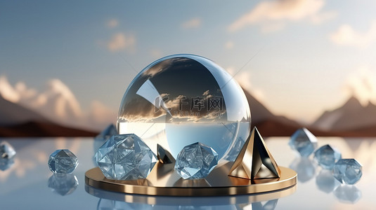 优雅的背景，在梦幻般的云设置中混合了几何形状和玻璃球 3D 插图