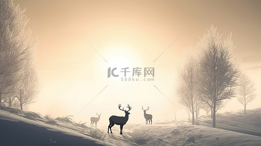 雪云背景图片_3d 冬季仙境中的鹿剪影