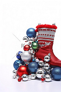 圣诞节背景图片_靴子周围环绕着蓝色的装饰品