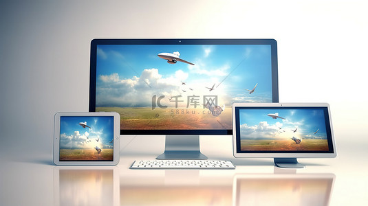 企业场所背景图片_高级旅游网站的 3D 插图，采用响应式设计，显示飞行台式电脑手机和平板电脑
