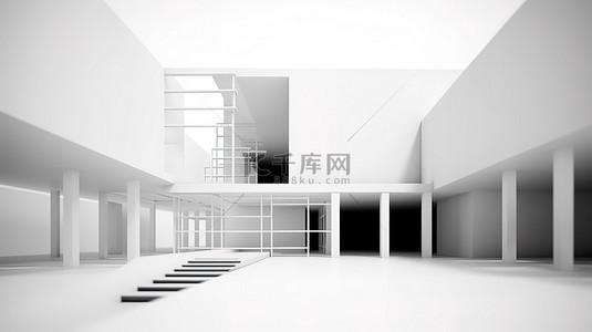 抽象简约建筑的当代 3D 渲染，具有清晰的白色方形背景