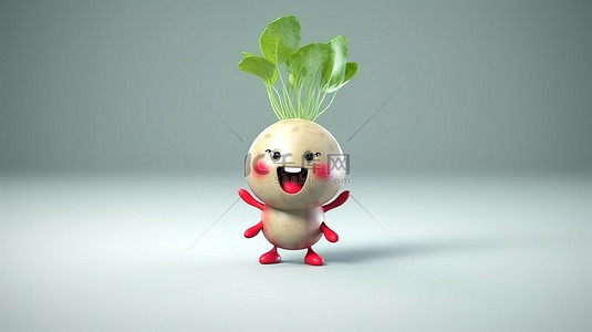 农场蔬菜背景图片_3D 渲染的卡通插图，带有俏皮表情的可爱萝卜蔬菜