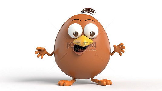 电池背景图片_白色背景上带有棕色鸡蛋和抽象充电电池的人物吉祥物的 3D 渲染