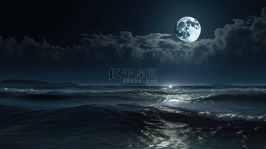 夜间海洋与 3d 渲染满月