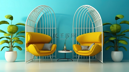 蓝色酒店背景图片_玻璃隔断室内 3D 渲染中的现代椅子和大胆的蓝色拱门