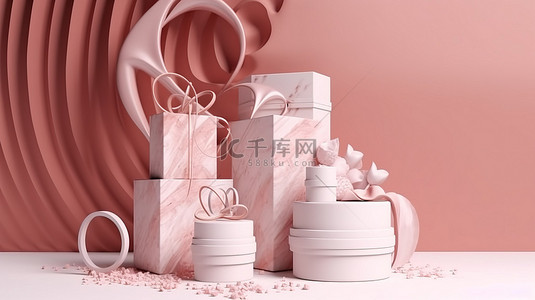 爱卡背景图片_情人节庆祝产品展台装饰有 3D 渲染的爱礼盒