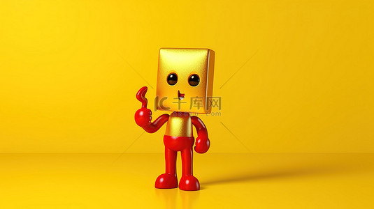 吉祥物拿着金奖奖杯，黄色背景上有红色问号 3D 设计