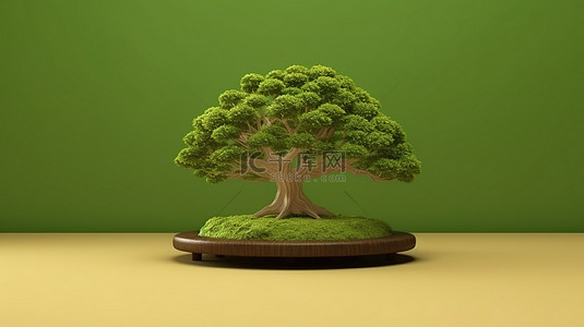 棕色盆景背景上显示的高架绿色讲台，用于产品广告 3D 渲染