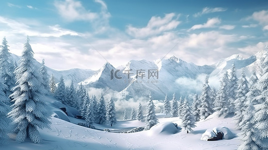 雪山林背景图片_动态 3D 插图中令人惊叹的冬季仙境，山林和雪景的特写