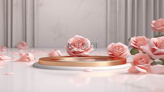 玫瑰花3d背景图片_用令人惊叹的自然美景讲台和 3D 玫瑰花背景提升您的产品展示