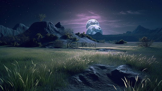 令人着迷的 3D 渲染异想天开的夜间景观，包括满月耀眼的星星和茂盛的草地