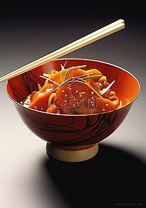 一个装有肉酱和筷子的碗
