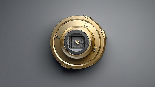 圆形灰色键按钮，带有数字摄像机图标，金色轮廓 ui ux 元素在 3d 渲染中