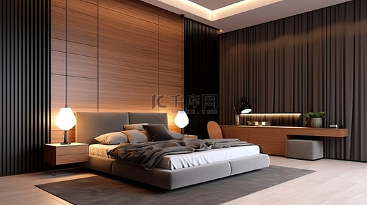 现代卧室内部配有时尚的衣柜电视区和简约的床头柜 3D 可视化