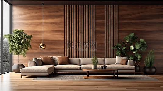 时尚的客厅装饰模型与 3D 渲染的木墙图案背景