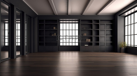 时尚的现代客房设计，配有食品储藏室和黑色木地板 3D 渲染