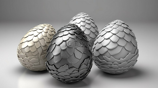 灰色背景三重蛋上 3D 渲染中未出生的龙蛋