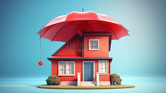 财产保护背景图片_由雨伞遮蔽的房屋的 3D 插图