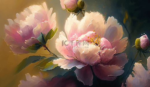 粉红色牡丹花阳光花瓣盛开复古油画背景装饰画插图