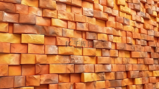 3D 渲染中充满活力的橙色砖墙纹理背景的详细镜头