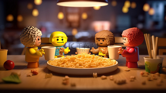 等你回家吃饭背景图片_朋友在餐厅用餐的 3D 渲染是一个美味的食物概念