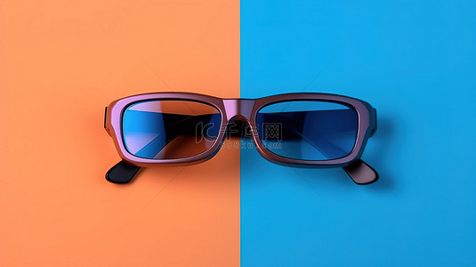 带有蓝色和橙色 3D 眼镜的粉红色背景的上方视图