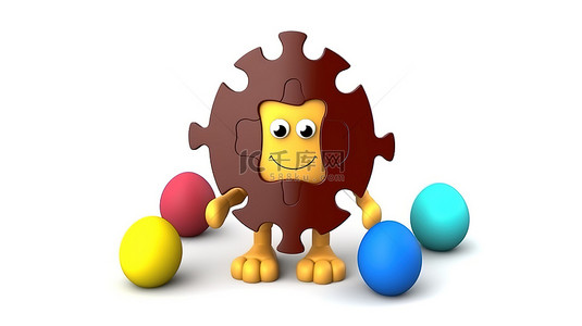 3D 渲染的人物吉祥物，由棕色鸡蛋和白色背景上的四块充满活力的拼图制成