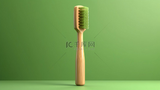 竹牙刷和绿色牙膏在充满活力的绿色背景上的 3D 渲染