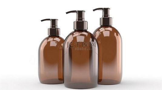3d 渲染中带洗发水泵的透明棕色塑料瓶的白色背景隔离